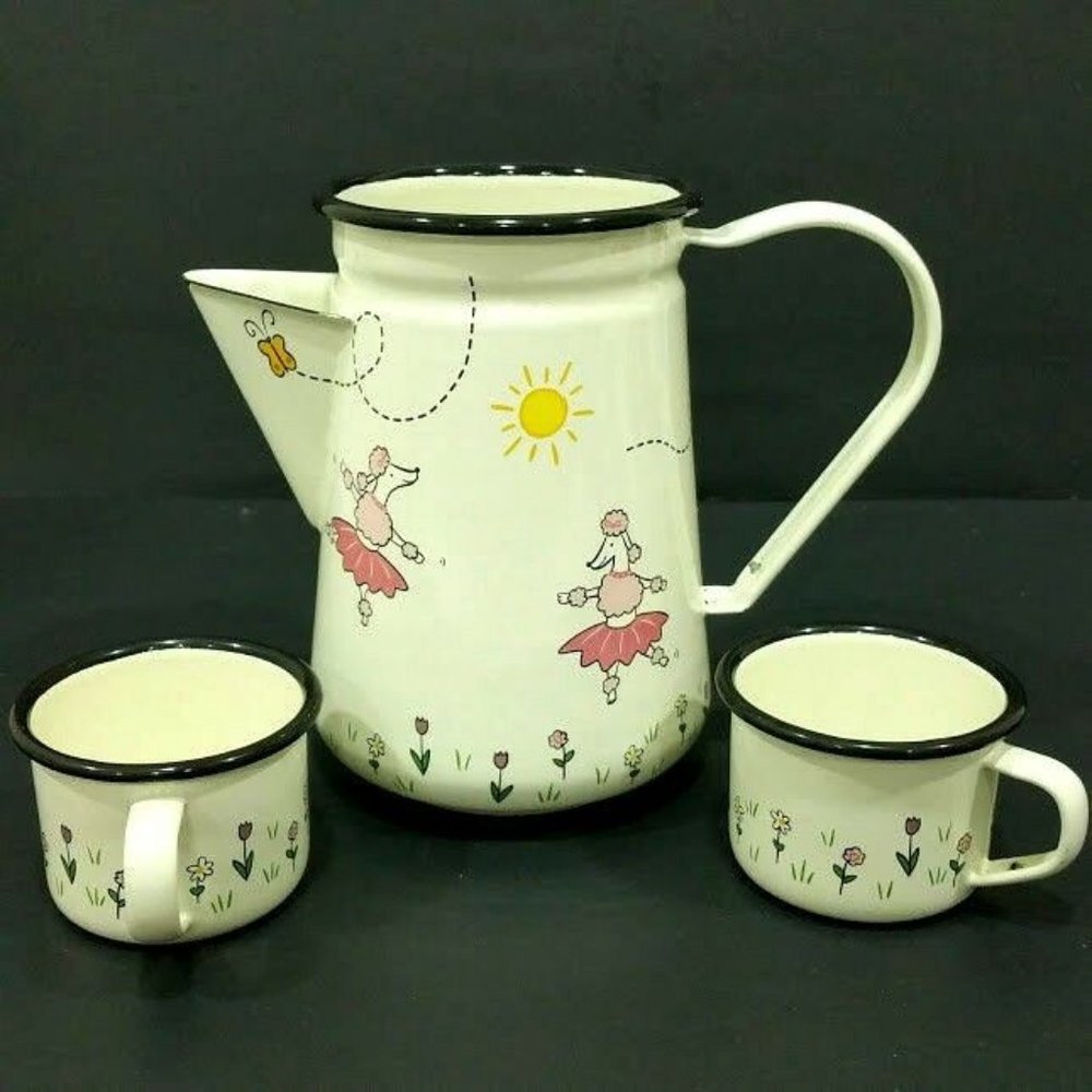 Set 3 Jack Rabbit Enamel Coffee Tea Pot & 2 cups